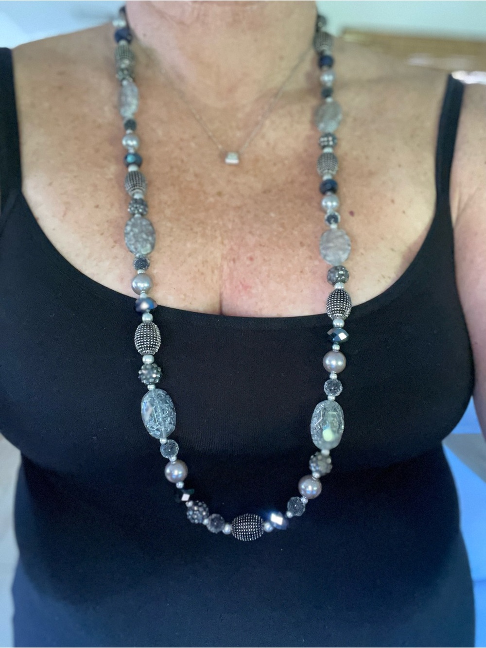 Silver and Clear and gunmetal gray Multi-Bead Women's Necklace